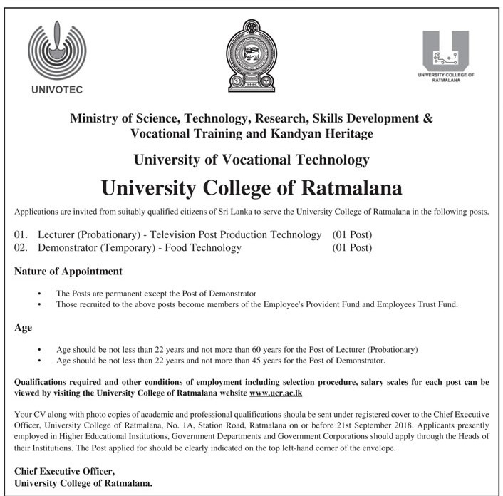 Lecturer (Probationary), Demonstrator (Temporary) - University College of Ratmalana - University of Vocational Technology